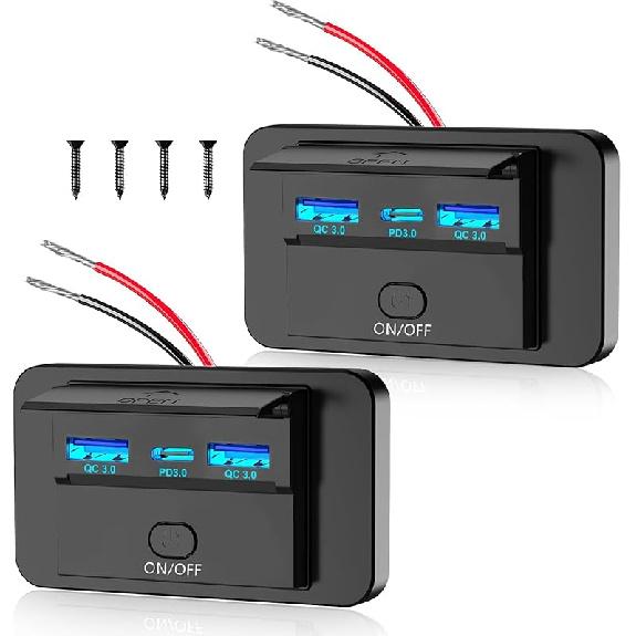 2PCS 3 Ports 12V RV USB Outlet 72W, Gibbab Dual USB QC3.0 36W & PD3.0 Type-C Quick Charge 36W Panel Wall Mount, Automotive Car USB Socket Charger