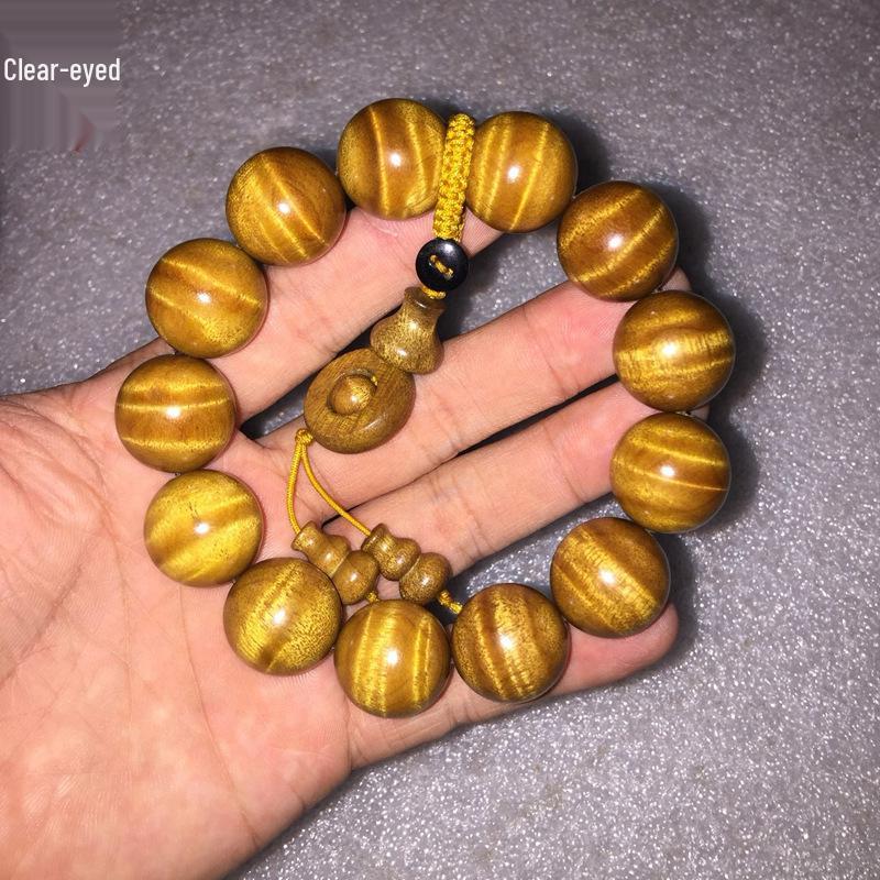 Golden Silk Phoebe Wood Bracelet 1.8: Unisex Water Ripple Design with Withered Wood, Wenwan Ornaments, Buddhist Beads.