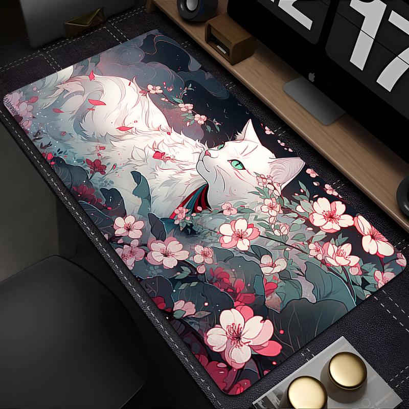 Cute Flowers Black Cat Mouse Pad Computer Anime Mausepad Green Plants XXL Mousepad Kawaii Extended Pad Pc Keyboard Rug Desk Mat