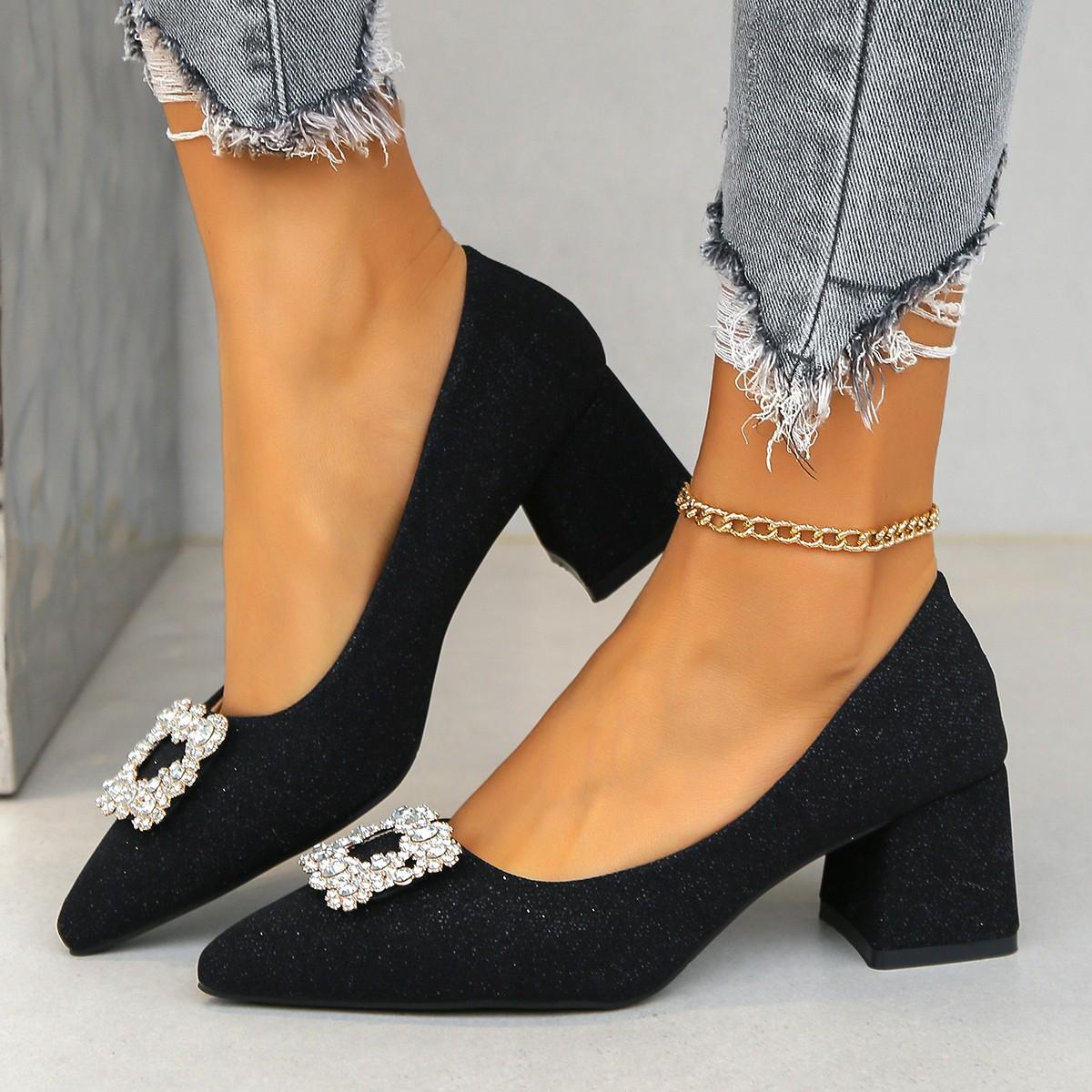 

Мода Мода Женские Одиночные Туфли 2024 Весна Новинка Корейская Версия Алмазная Квадратная Пряжка Острый Носок Неглубокий Вырез Толстый Каблук 40 чёрный