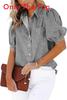 Cotton Blended Short Sleeve Shirt With Color Blocking For Office Women