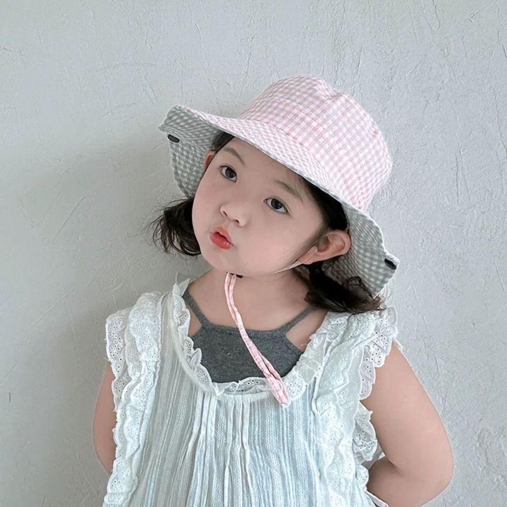 Double Sided Boys Girls Bucket Cap Lattice Baby Sun Hat Soft Children Fisherman Hat  Boy/Girls