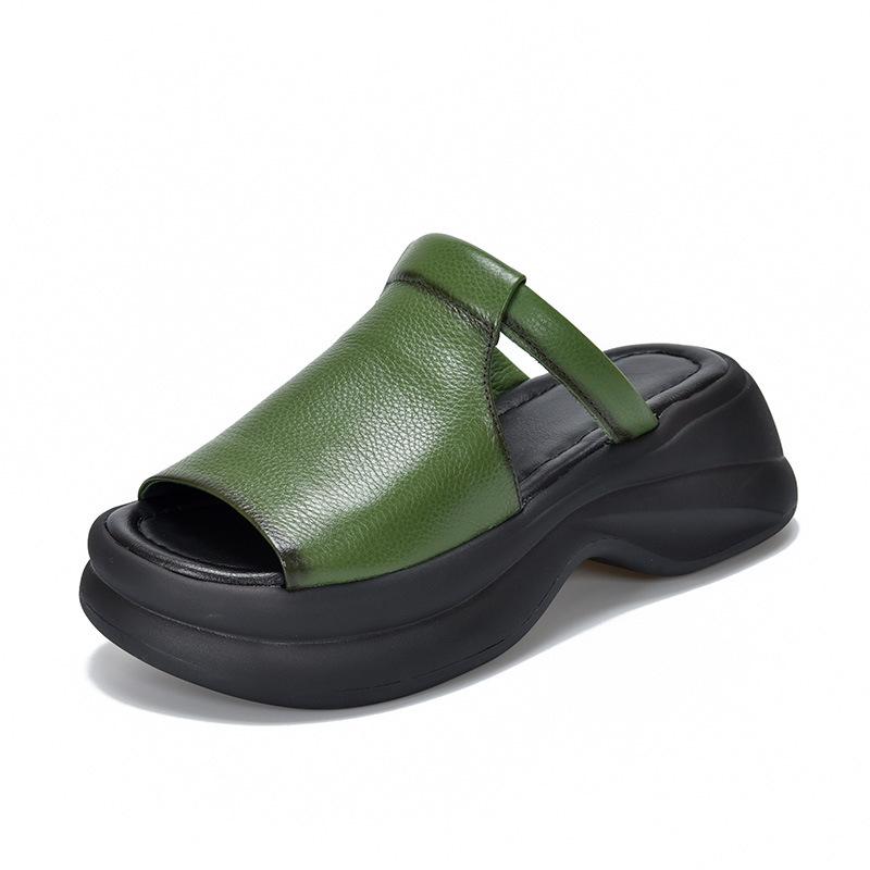 Johnature Genuine Leather Retro Thick Soled Peep Toe Outdoor Slippers Versatile Women's Slip-on Shoes