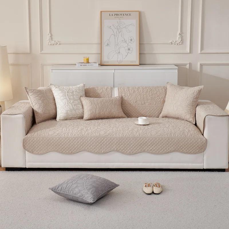 Pure Cotton Embroidered Wave Edge Sofa Cushion Four Seasons Universal Anti Slip Seat Cushion Simple Dustproof Couch Cover Cloth