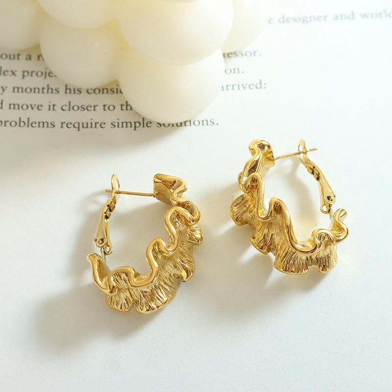 Gold Plated Jewelry Earrings Women 18k Gold Plated Stainless Steel Geometric Fold Texture Huggie Earrings