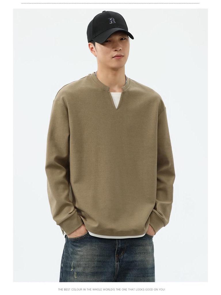 Men's Black Waffle Texture Faux Two-Piece Henley Long Sleeve T-Shirt - Korean College Style for Autumn