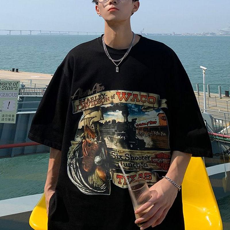 

Стильные американские пуловеры с принтом, мужская одежда, молодежный стиль, с буквенным принтом, летние, с круглым вырезом, свободные, винтажные, повседневные, футболки с коротким рукавом 5XL чёрный