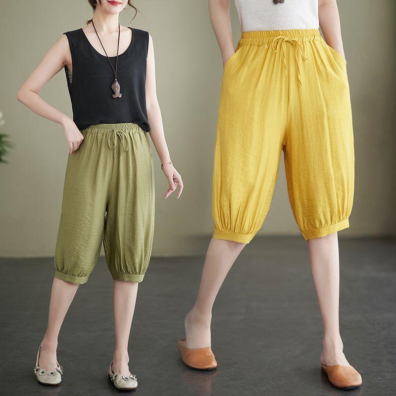 Ladies' Casual Haren Pants Five Quarter Pants Summer Large Loose Solid Color Fashion