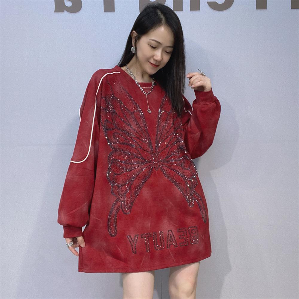 Women's Laid-back Style Round-neck Mid-length Long-sleeved Sweatshirt for Autumn and Winter Loose Large-sized Rhinestone Long-sleeved Top