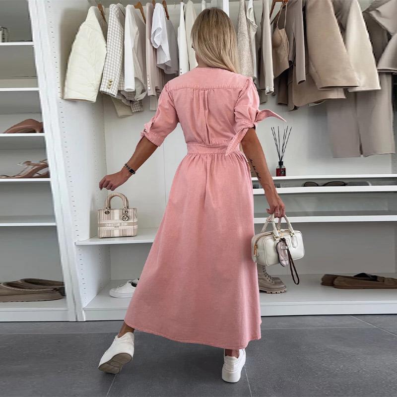 Fashion Sexy V-neck Denim Dress Women's Single Breasted Half Sleeved A-line Dress Solid Color Commute Minimalist Dresses Spring and Summer New