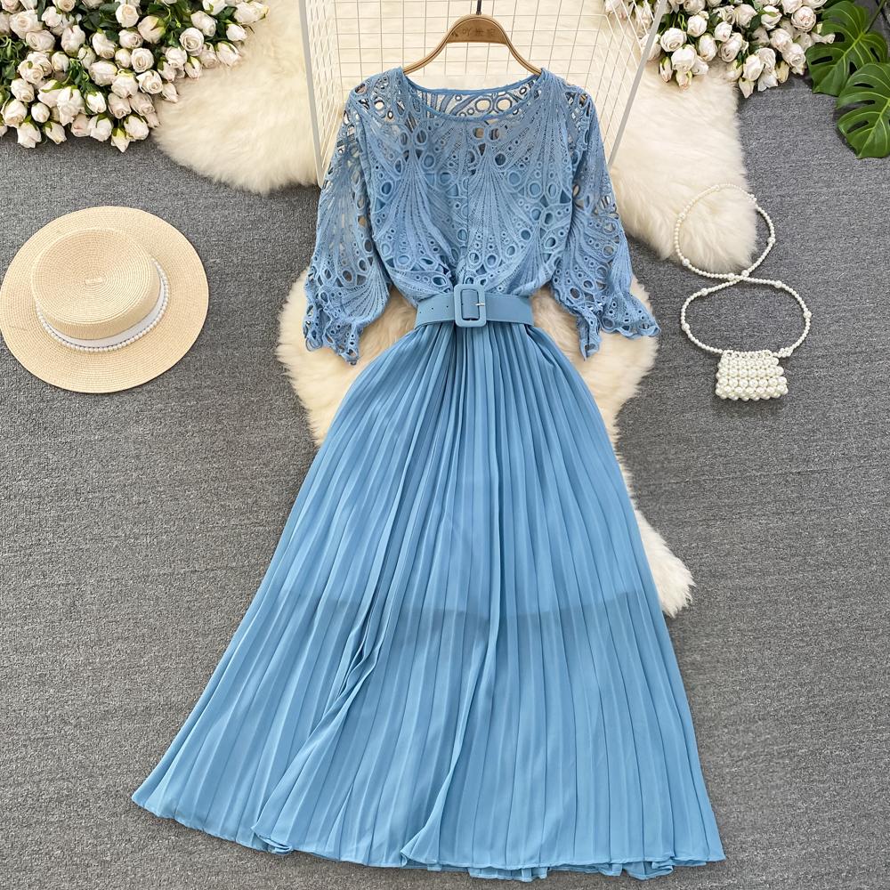 Summer Women Hollow Out Lace Pleated Long Dress Vintage Female O-Neck Yellow/Purple/Blue/Black Patchwork Draped Maxi Vestidos