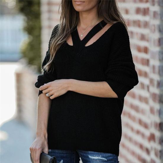 Dámský svetr s výřezy volný ležérní jednobarevný s výstřihem do V podzimní svetr pro každodenní nošení