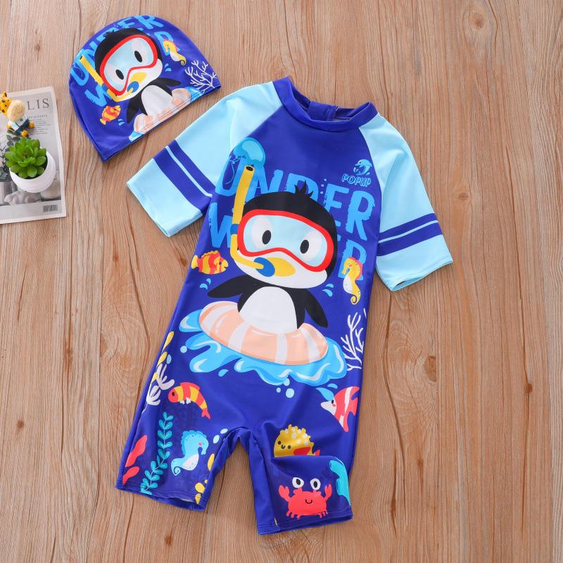 Children's UPF50+ Cartoon Penguin Boys' One-Piece Swimsuit for Toddlers and Kids