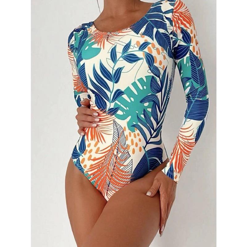 [New Fashion Printed Swimsuit Women] Long Sleeve Jumpsuit Back Cross European and American Hot Sale