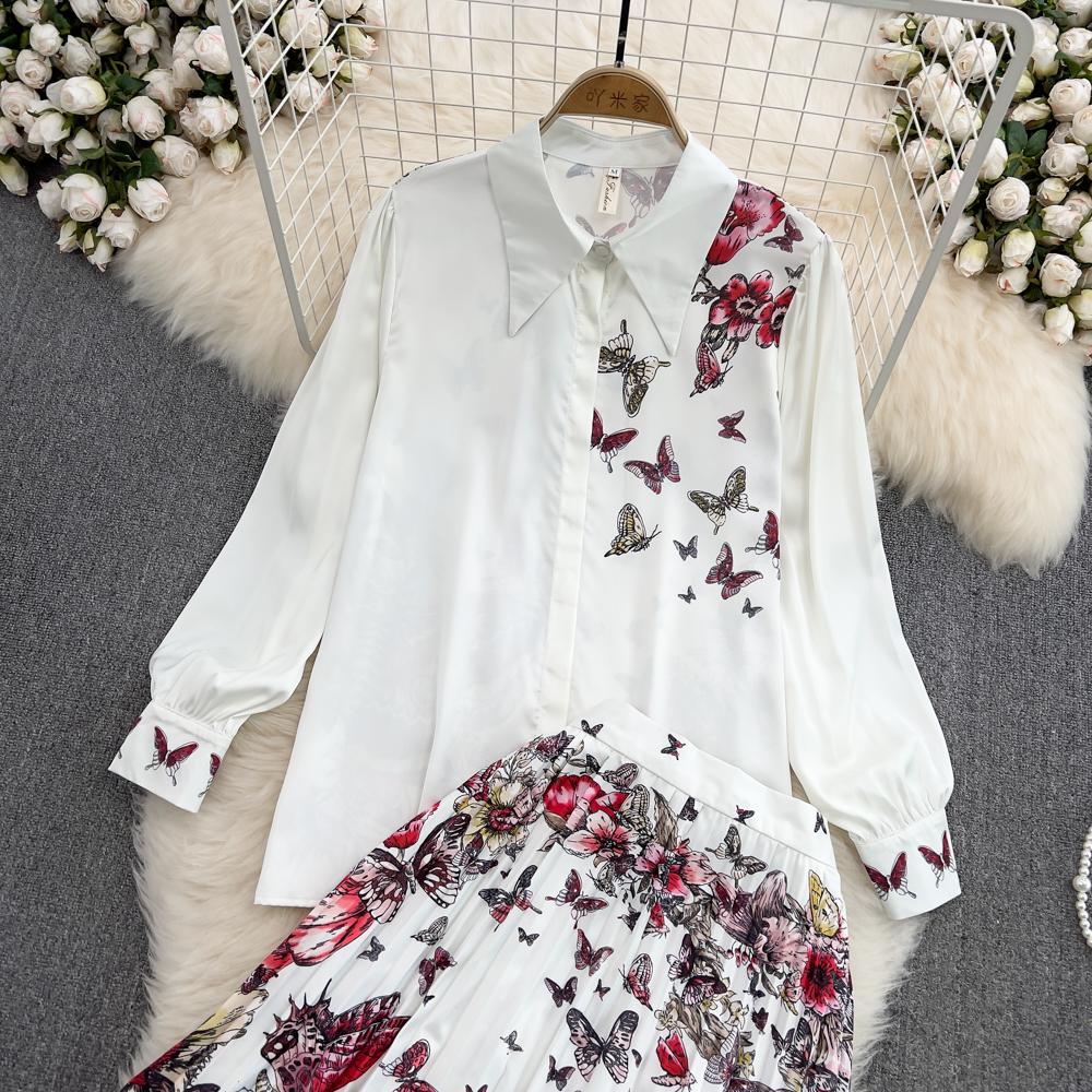 Fashion Suit Female European Station Temperament Long-Sleeved Printed Shirt Two-Piece High Waist Pleated Skirt Spring