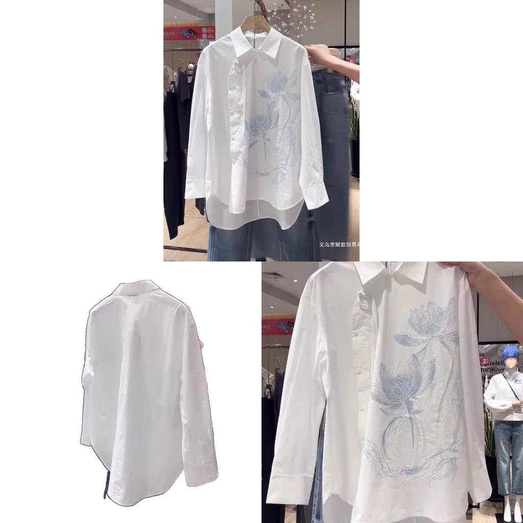 Modern Chinese Style Embroidered Long Sleeve Shirt With Polo Collar For Office Wear