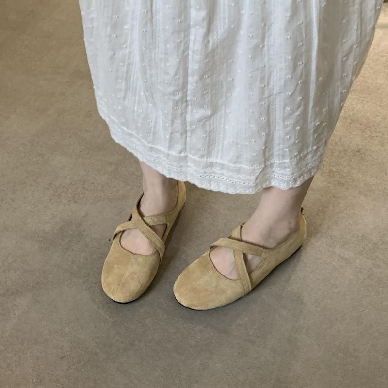 Retro ballettsko med flat bunn, kryssremmer og lav utringning for kvinners høst 2025 nye avslappede allsidige Mary Jane-sko