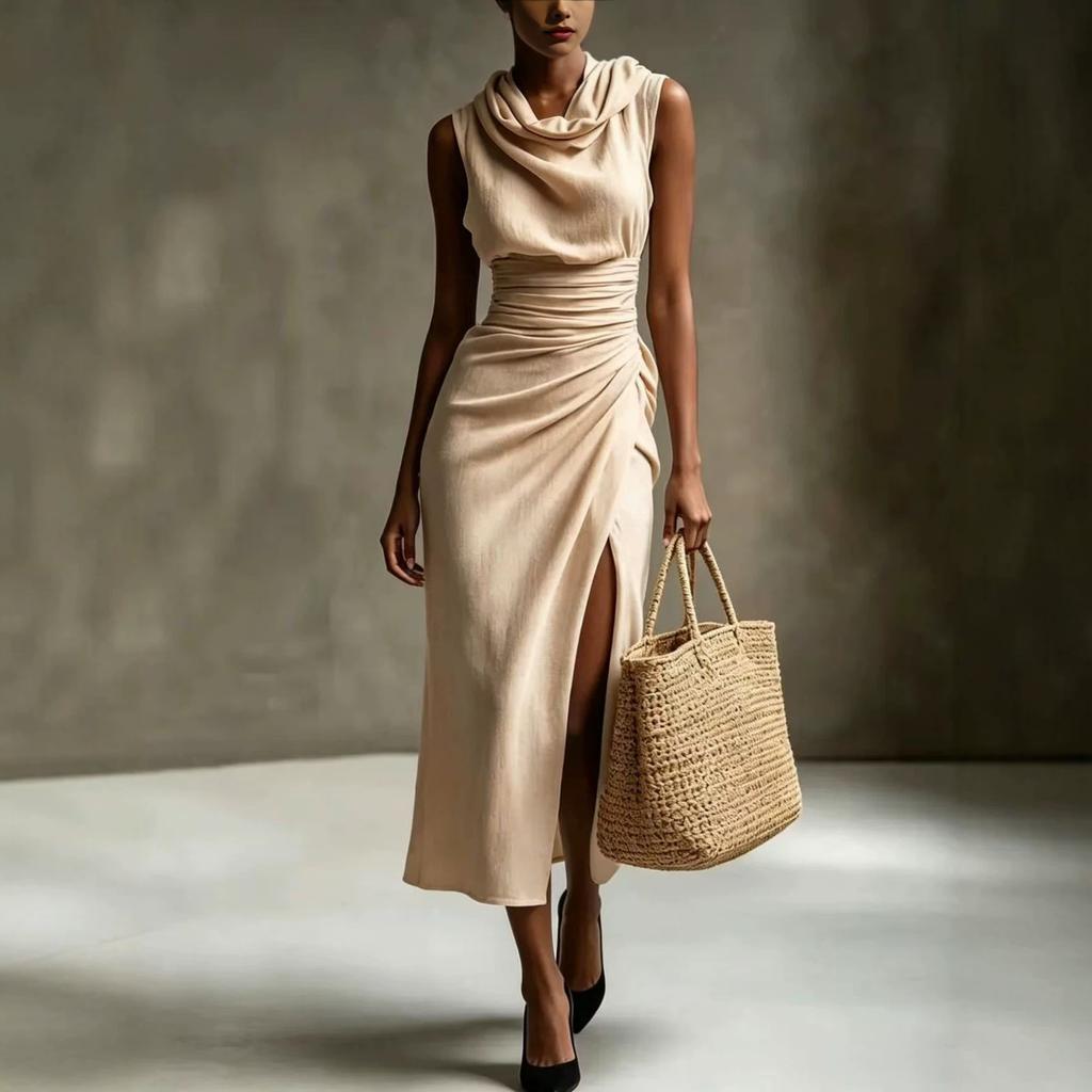 Spring and Summer European and American Cotton and Linen Turtleneck Sleeveless Stack Collar Pleated Split Split Medium and Long Backless Dress