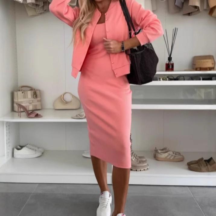 Women's Knit Dress with Matching Short Cardigan, Elegant Outfit