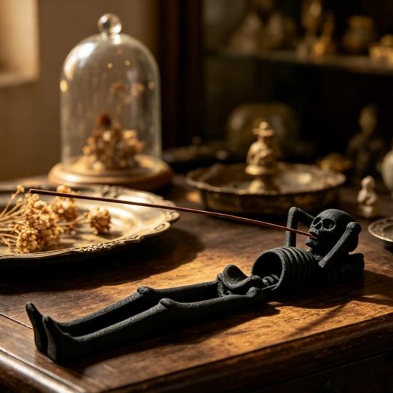 Neuheit Hausdekoration Liegender Skelett Räucherstäbchenhalter, Gotischer Totenkopf Brenner, Weihrauchbrenner, Ständer Dunkle Ästhetik Halter für Schreibtisch Teetisch Halloween