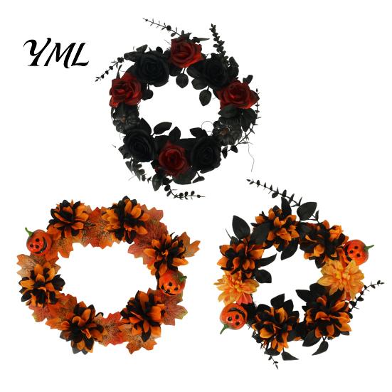 Durable Reusable Holiday Ornament Halloween Wreath for Front Door, Artificial Fall Maple Leaf Rose Pumpkin Rustic Farmhouse Seasonal Accents