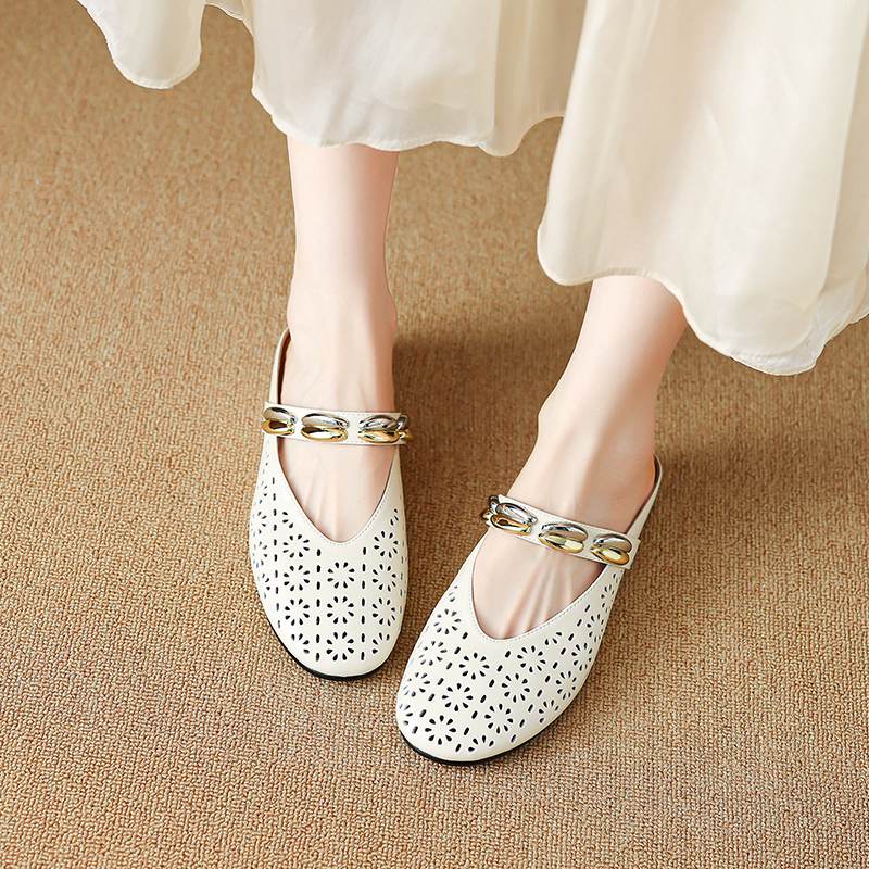 Krazing Pot Cow Skin Mules Round Toe Size 42 Low Heels Slip On Light Shoes Increased Hollow Style Autumn Pumps