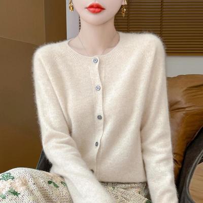 Cardigan Manteau Femme 100% Laine Vierge Col Rond - Pull Tricoté Point Mousse Ample