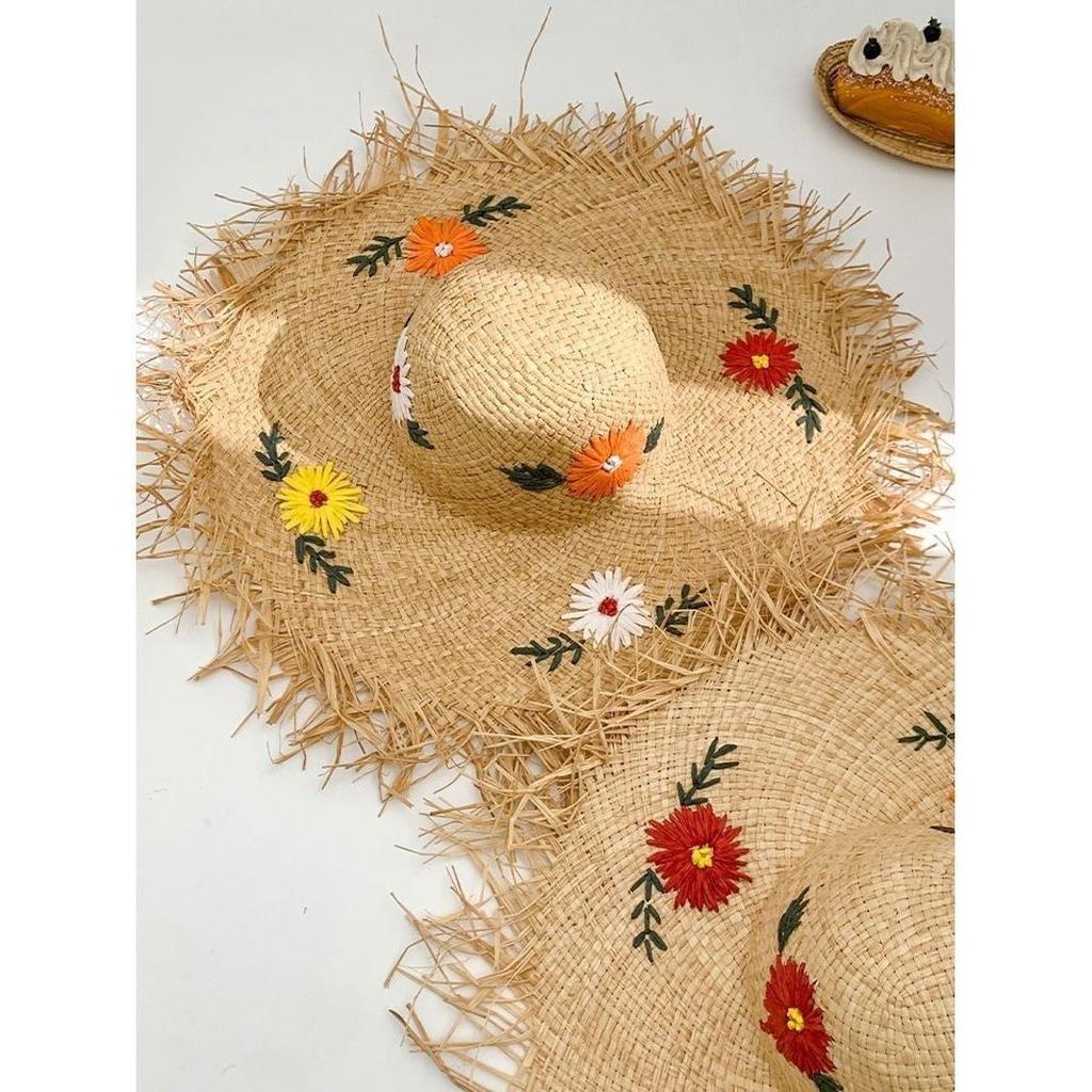French raffia flower straw hat women's summer beach seaside woven large brim sun hat sunshade sun protection hat