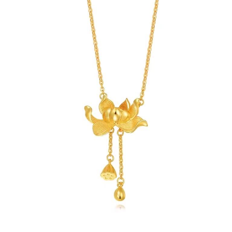 Elegant Gold-Plated Copper Lotus Necklace with Dual Lotus Seed Pendant for Women