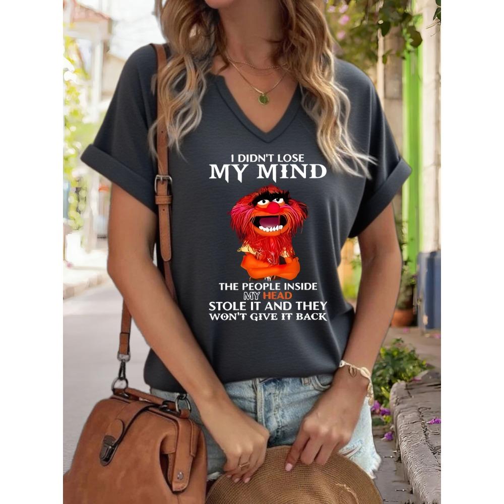 Women's V-Neck "I Didn't Lose My Mind" Graphic Tee, Funny Cartoon Print T-Shirt, Casual Short Sleeve Humor Top