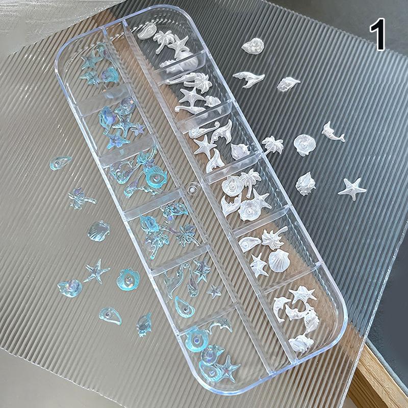 12Grid 60Pcs Ice-clear Seashell Starfish Ocean Series Nail Charms Resin Accessories Nail Art Decorations 3D Mixed Shell Manicure