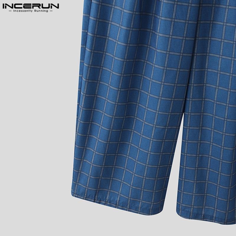 INCERUN Men Casual Zip-up Waist Plaid Wide Legs Pants Long Trousers