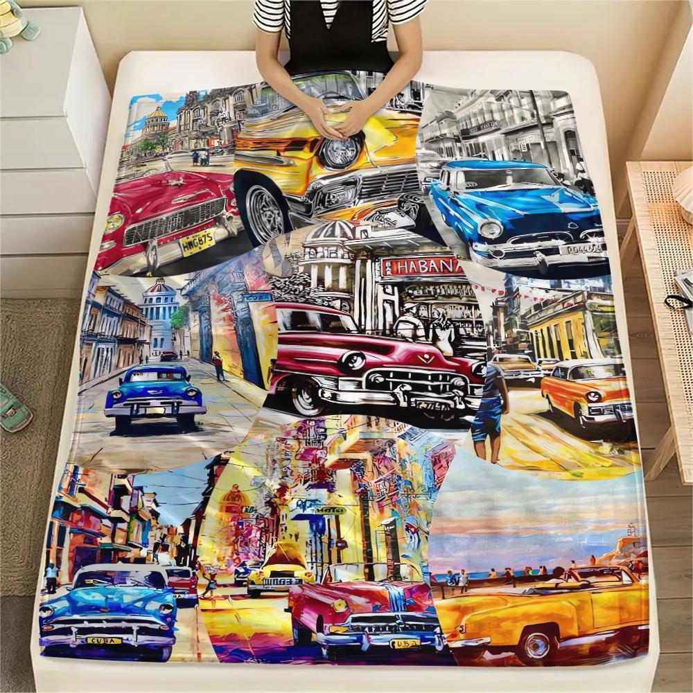 1Pc Vintage Car Print Flannel Blanket, High Quality Comfortable for All Seasons, Home Decor, Warmth and Comfort, Perfect for Christmas Gifts