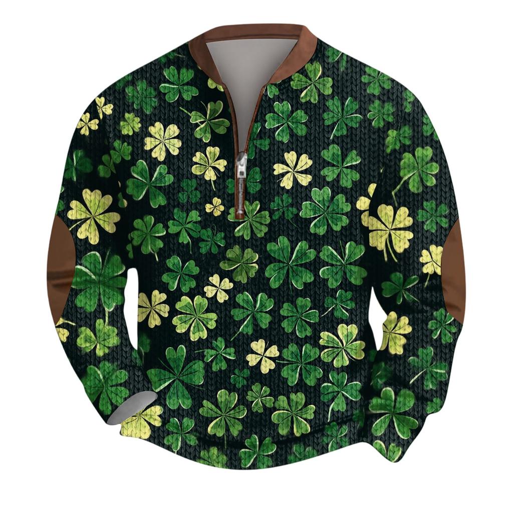 Mens Christmas Sweater Zip Up Sweatshirts Vintage Knit Graphic Sweatshirt St. Patrick's Day Stand Collar Pullover