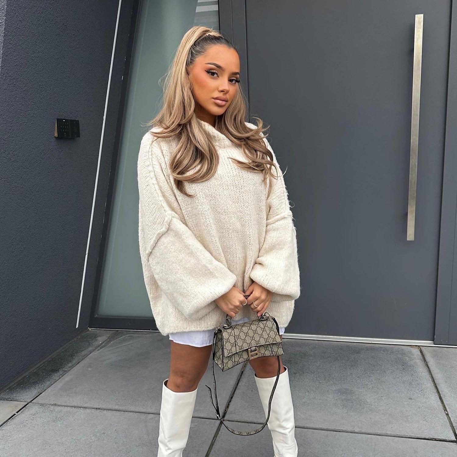 

Жіночі светри оверсайз осінні вбрання повсякденні трендові з круглим вирізом в рубчик трикотажні пуловери топи для жінок пухнастий пуловер з довгим рукавом вільного крою джемпер светр L абрикосовий