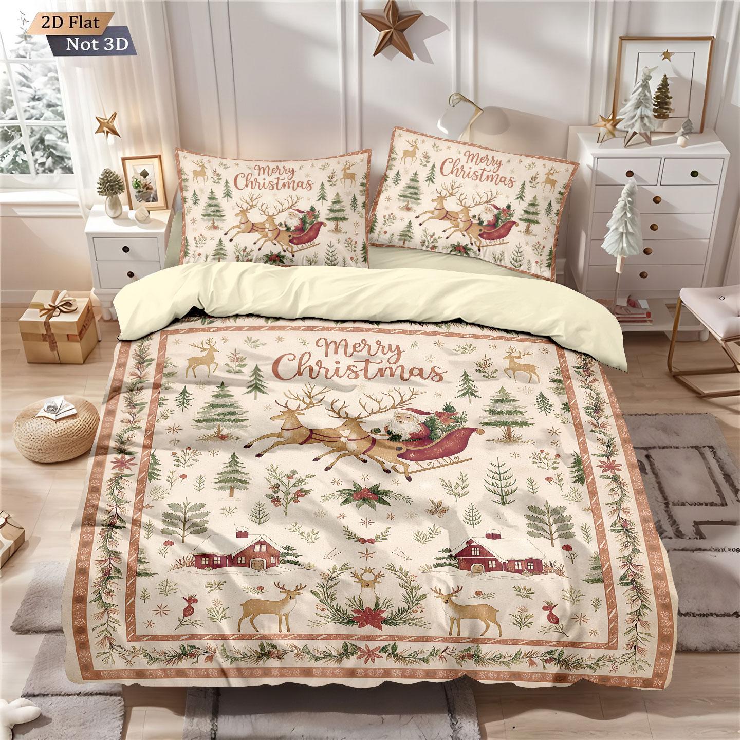 

3pcs Santa Claus printed coreless bedding set, multi size bedroom dormitory duvet covers, soft and machine washable decoration 135x200cm-EU-Single&set