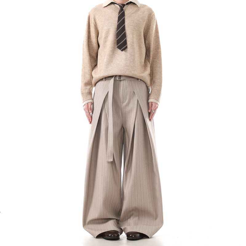

Dream Made Old Money Style Gray Double-Pleated Trousers for Men, Autumn and Winter Loose Straight-Leg Wide-Leg Striped Casual Pants Khaki 2XL
