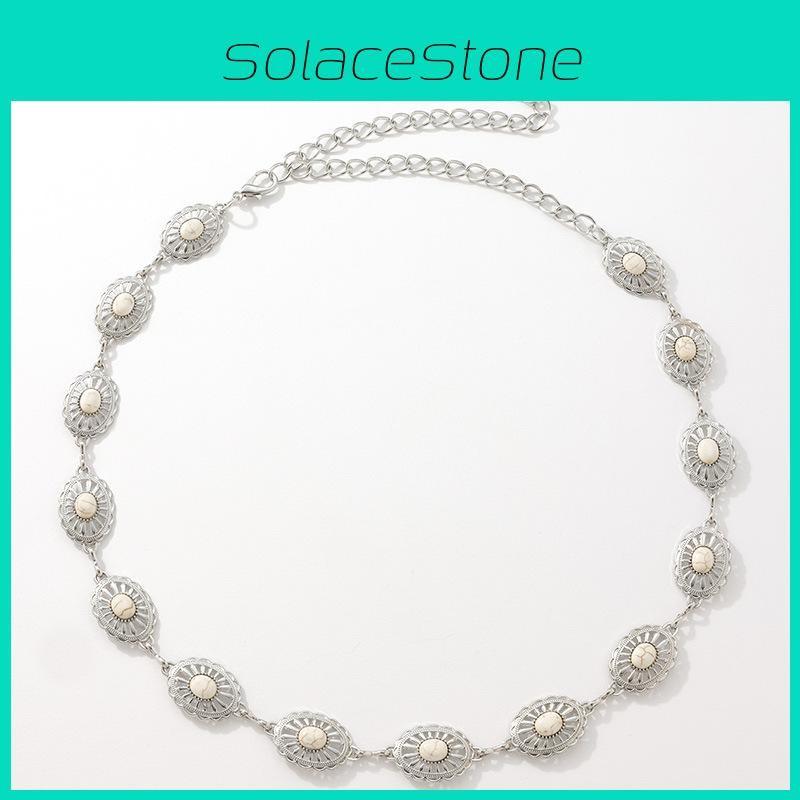 Ladies Hollow Turquoise Metal Waist Chain With Pearl Detailing For Spring Summer And