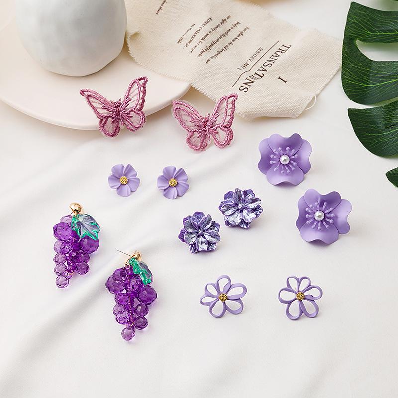 

925 Silver Pearl Butterfly Earrings with Purple Flower Design