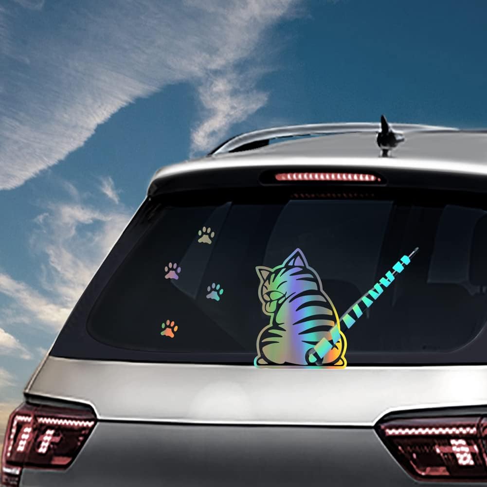 Funny Cat Rear Window Wiper Decal Waving Tail Stickers Cute Animal Moving Tail Rear Window Sticker Windshield Wiper Decal, Holographic Laser Cat