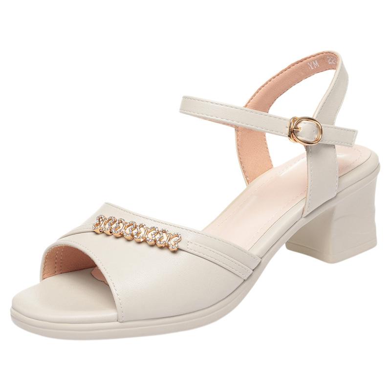 Soft Leather Mother Sandals Summer Shoes For Women's Mid-Heel One-Button Skirt Versatile Fashion Women's Shoes Comfortable