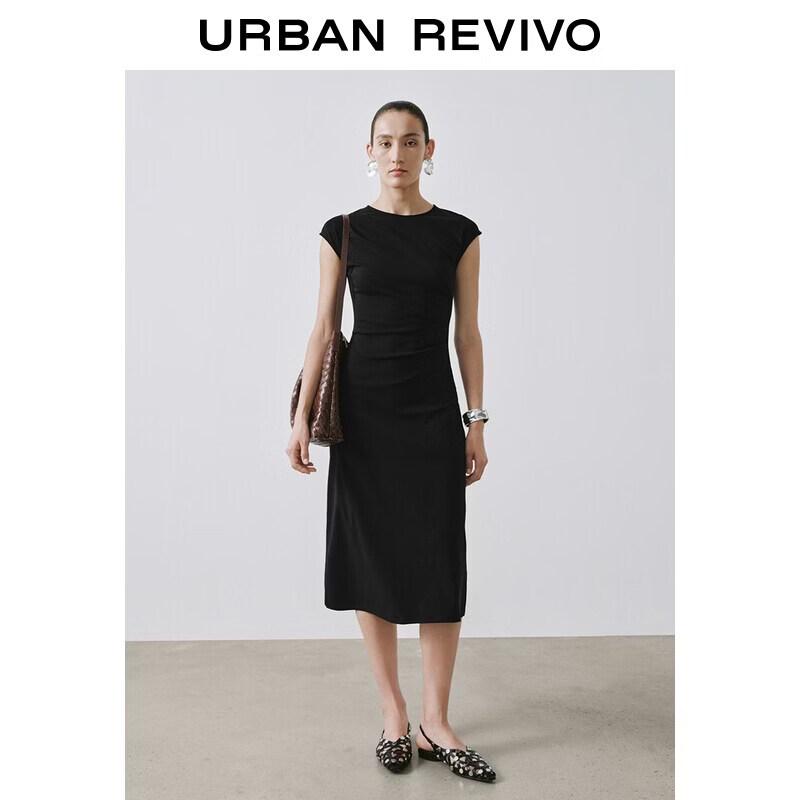 UR2026 Women s Elegant Solid Color Pleated Waist Dress XS