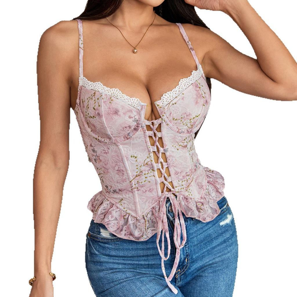 European and American women's clothing summer vacation style sexy lace printing small lace strap close-fitting fresh small suspender