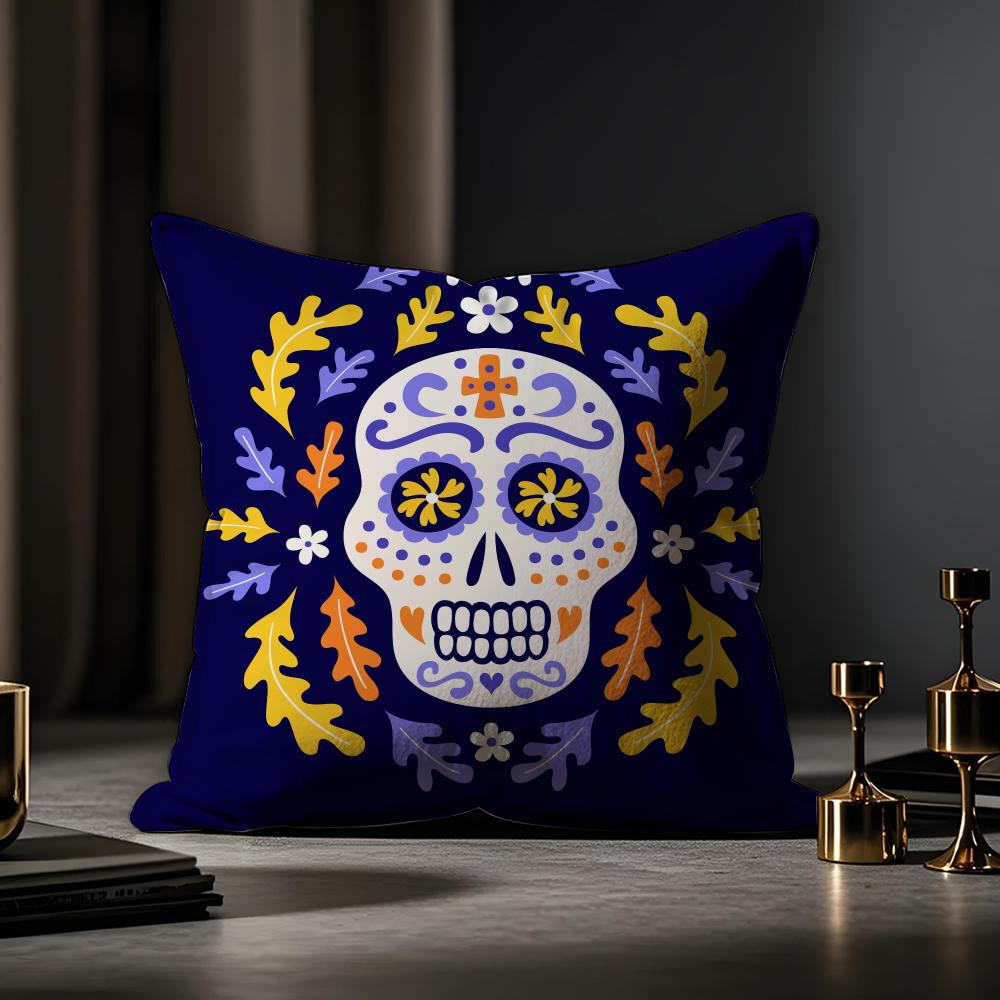 Mexico Easter Flower Skeleton Cushion Cover Case Antidustmite Pillowcase Invisible Zipper Silky Short Plush Sofa Cushion Cover