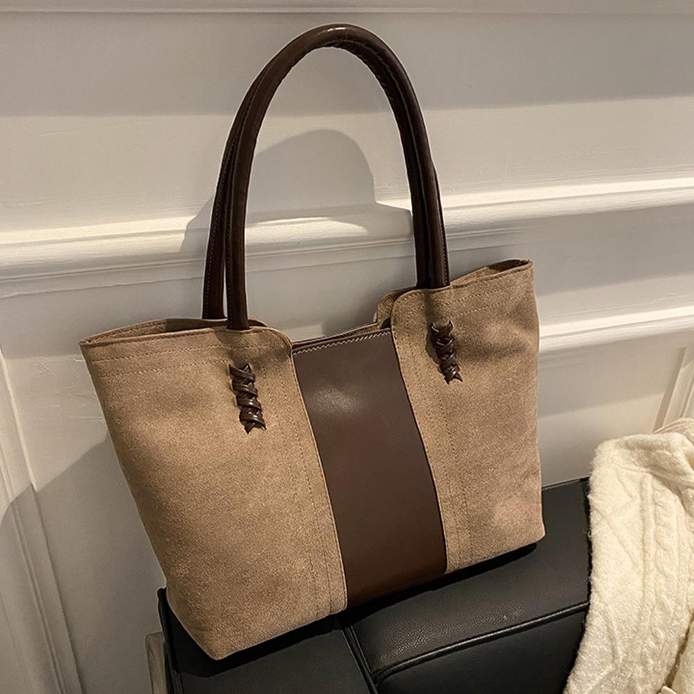 Wildleder Oberfläche Handtasche Für Damen, Koreanische Mode Freizeit Pendler Handtasche, Vintage Farbkollision Spleißung Tote Bag