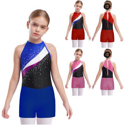 Girls Gymnastics Training Set Sleeveless Rhinestone Patchwork Leotard V Front Waistband Shorts Hair Band