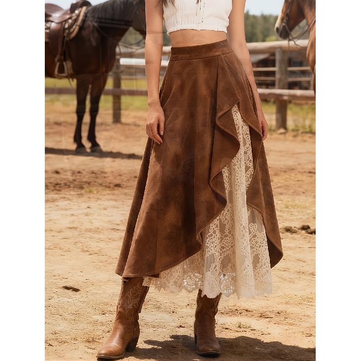 Женская длинная юбка с пэчворком из искусственной замши и кружева, коричневая, с неровным дизайном в виде оборок, на кружевной подкладке, длинная и пышная, в винтажном стиле для повседневной носки M коричневый