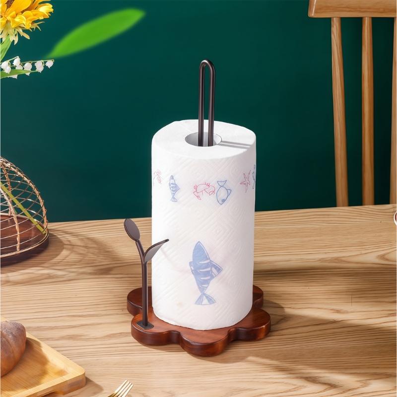 Attractive Retro Style Tissue Box Holder with Wood Base & Strong Metal Rod Wooden Tissue Dispenser for Countertops
