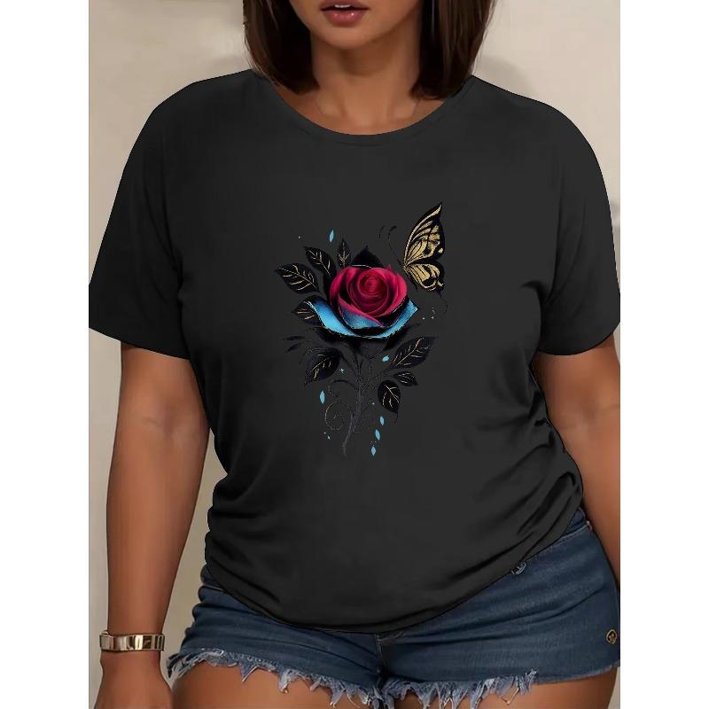 Tailles européennes T-shirt tendance pour femme à col rond | Avec imprimé Rose et Papillon pour la Saint-Valentin, Design minimaliste, Confortable