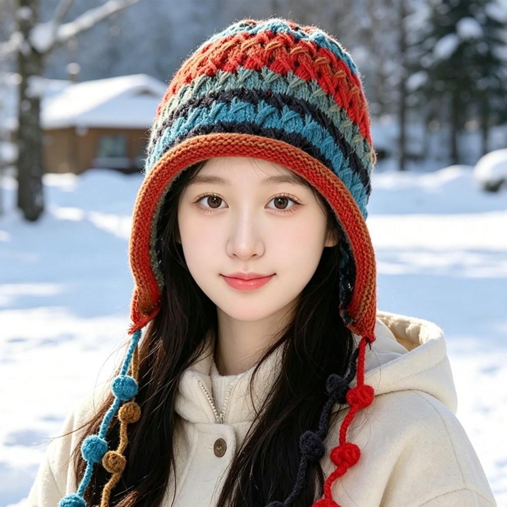 Ethnic Style Beanie Hat Rainbow Striped Ear Protection Cap Fashion Knitted Woolen Hat  for Women